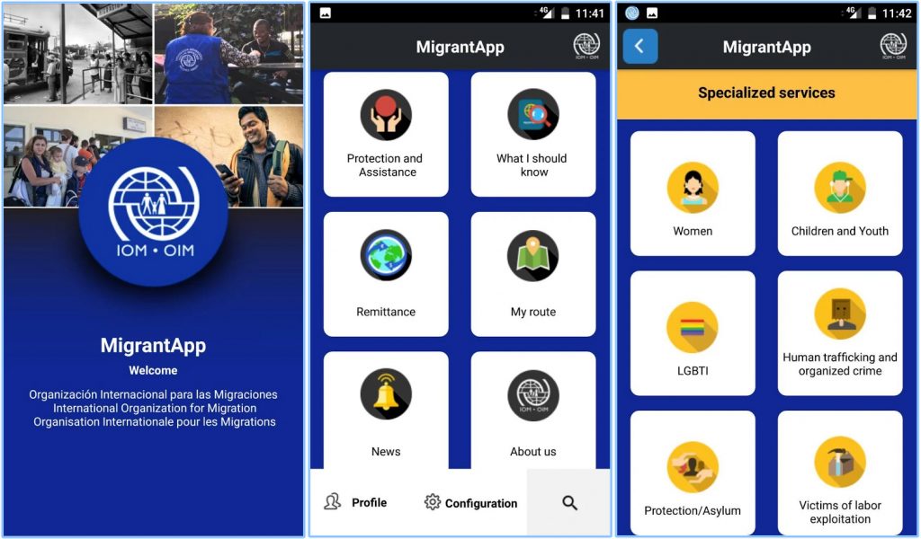 Screenshots from MigApp, the mobile app for migrants.