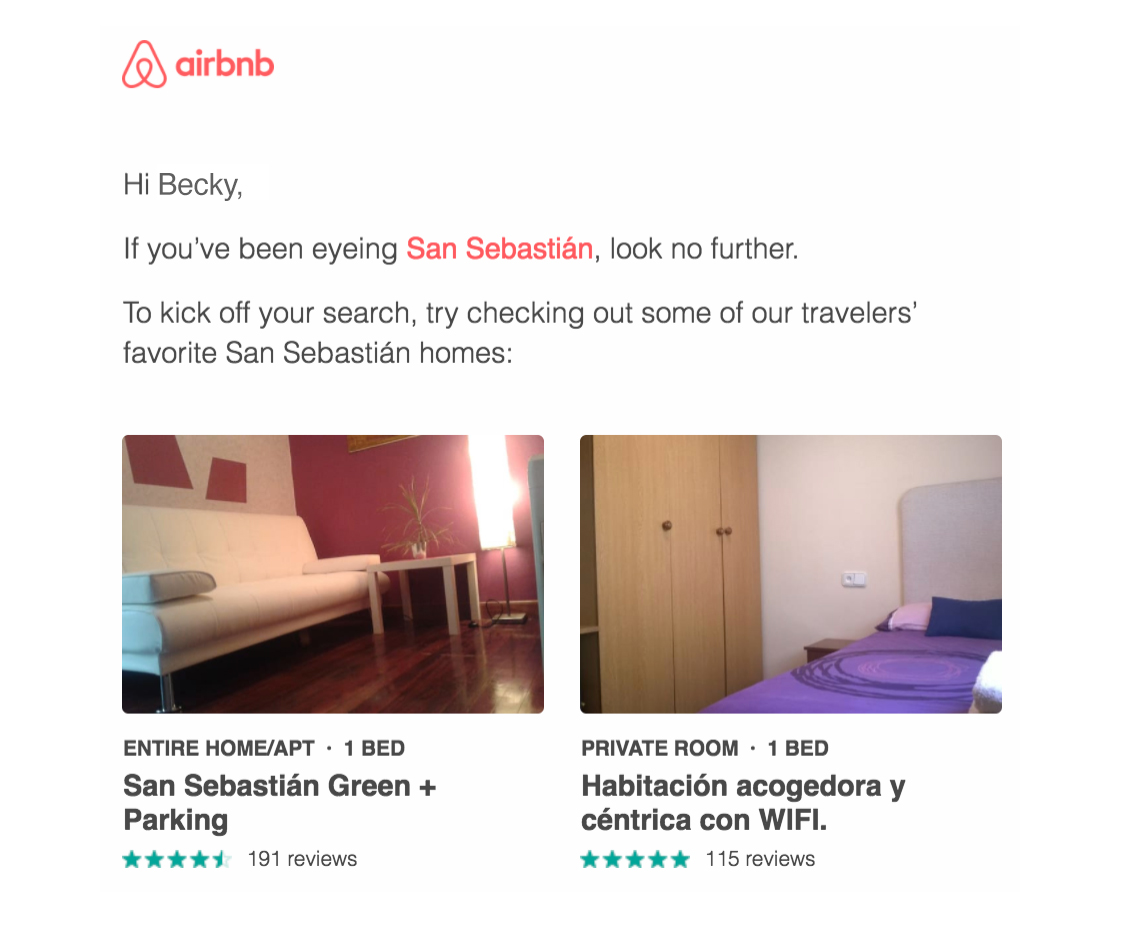 Airbnb customer loyalty email shows personalized touches