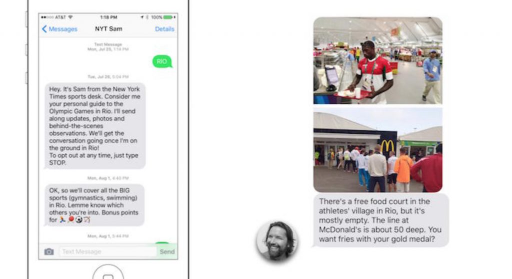 The New York Times chatbot messaged users about the behind-the-scenes happenings at the Rio Olympic Games.