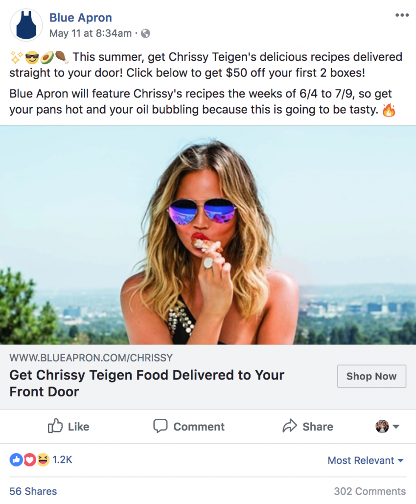 A Facebook influencer post featuring Chrissy Teigen.