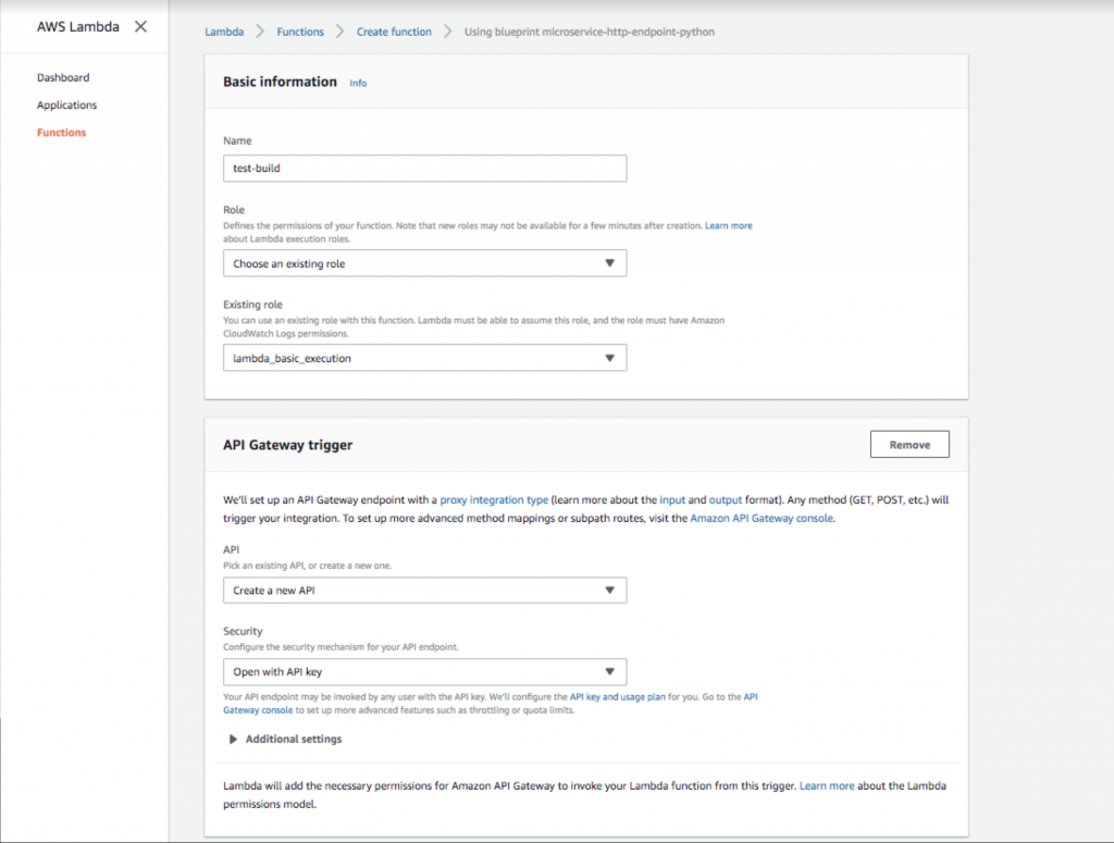 Setting up an open API gateway key in AWS Lambda.