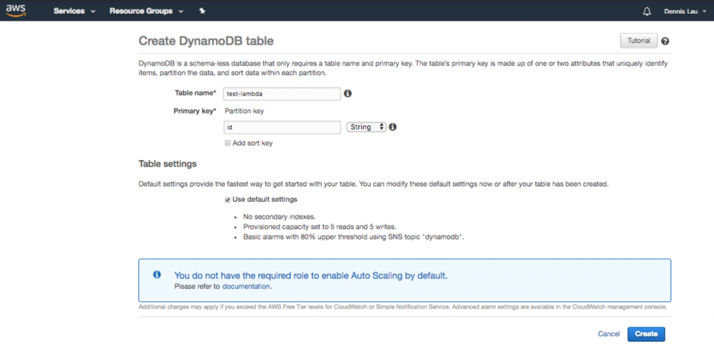 Creating a Dynamo database table in AWS Lambda.