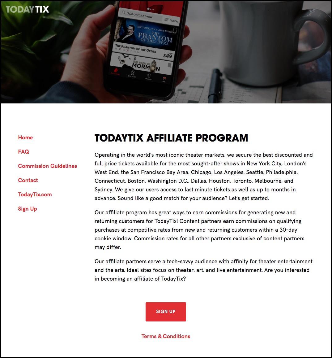 Screenshot of TodayTix affiliate program home page