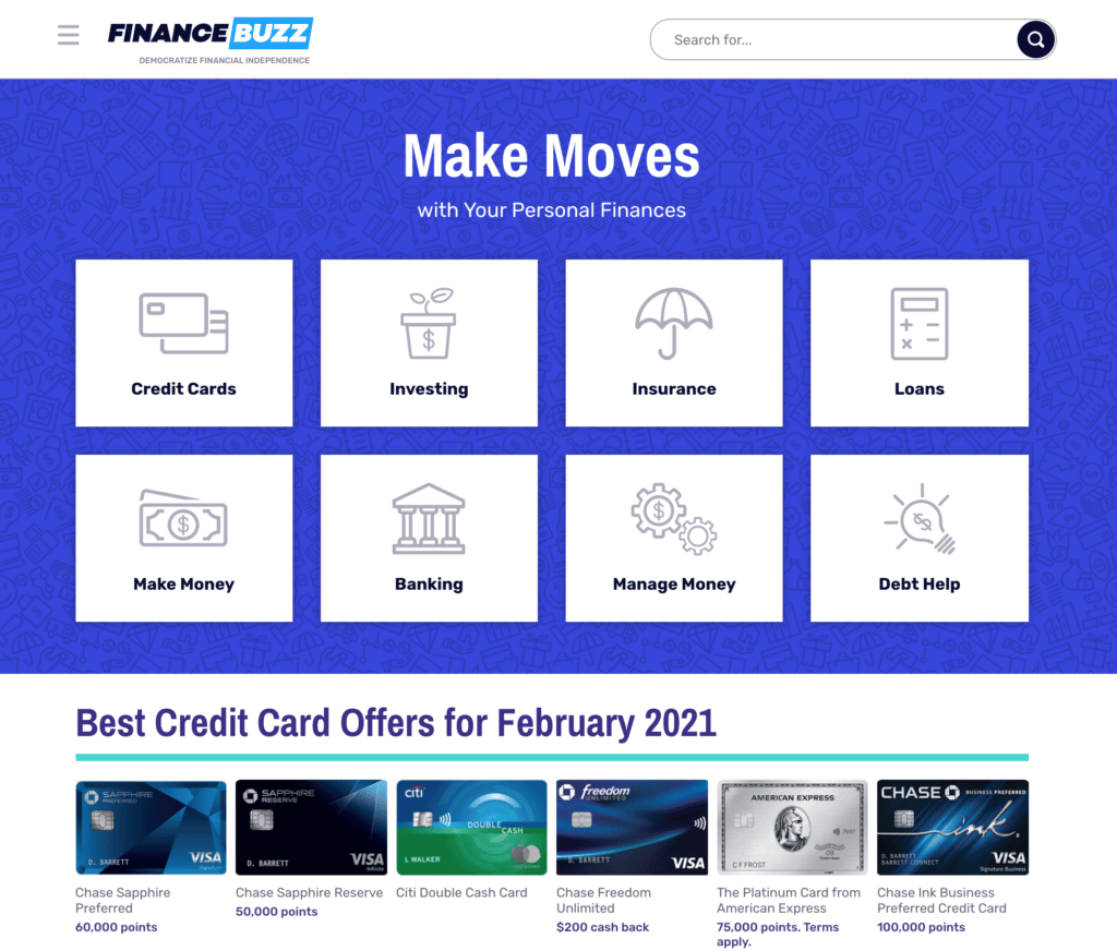 Image of FinanceBuzz, a comparison website that financial services brands use for affiliate marketing.