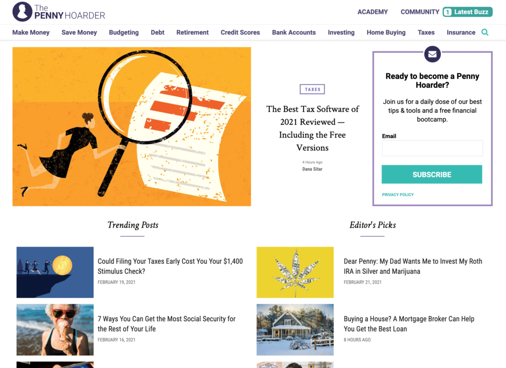 Image of The Penny Hoarder website, an affiliate site for financial services companies.