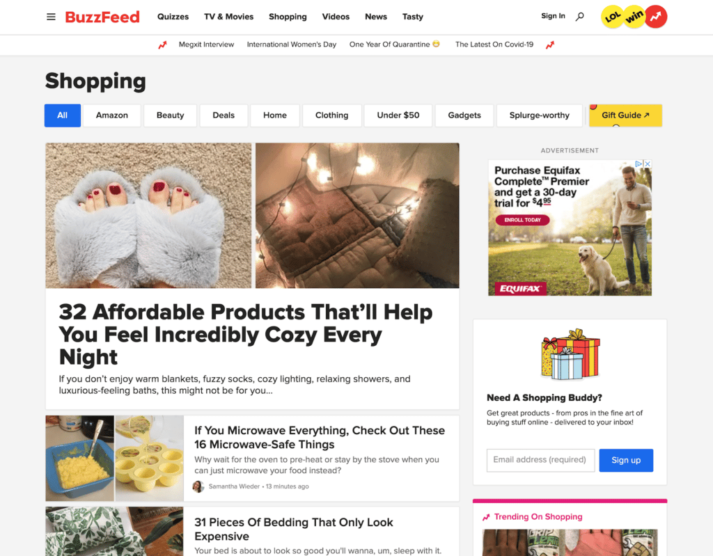 Buzzfeed publishes content and monetizes it through affiliate marketing.