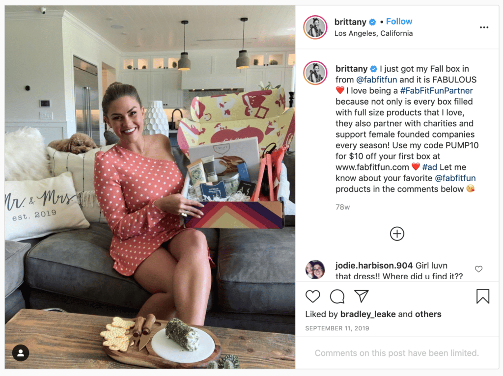 Example of promo codes used in influencer marketing on Instagram