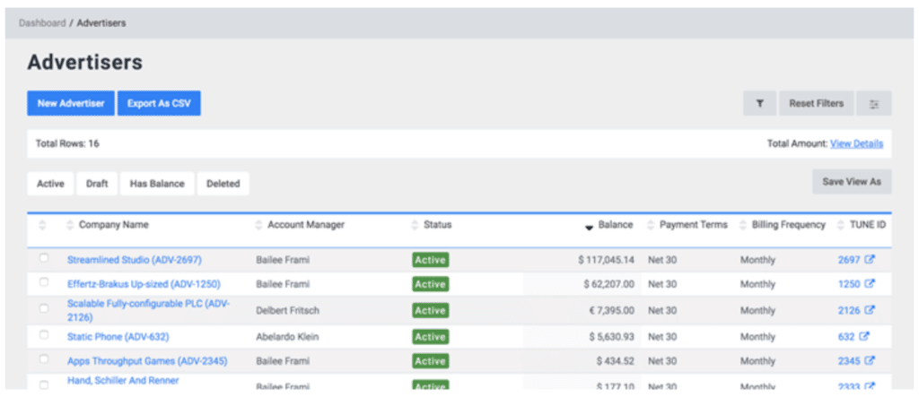 Screenshot of the TUNE Pay advertiser payout tracking interface