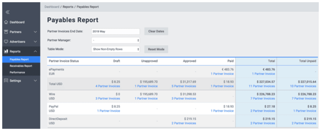 Screenshot of the TUNE Pay Payables Report