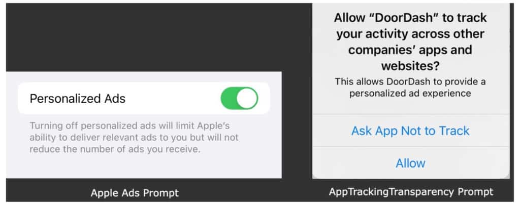 iOS 15 Apple Ads prompt in AppTrackingTransparency versus developers prompt - example