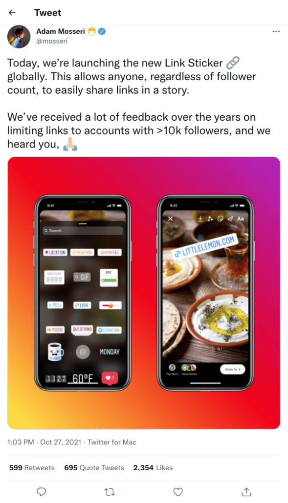 Adam Mosseri of Instagram on Twitter announcing new Sticker Links for Instagram Stories