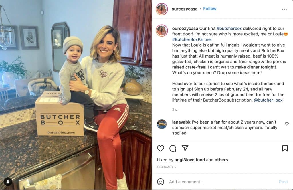 An example of influencer marketing on Instagram for ButcherBox