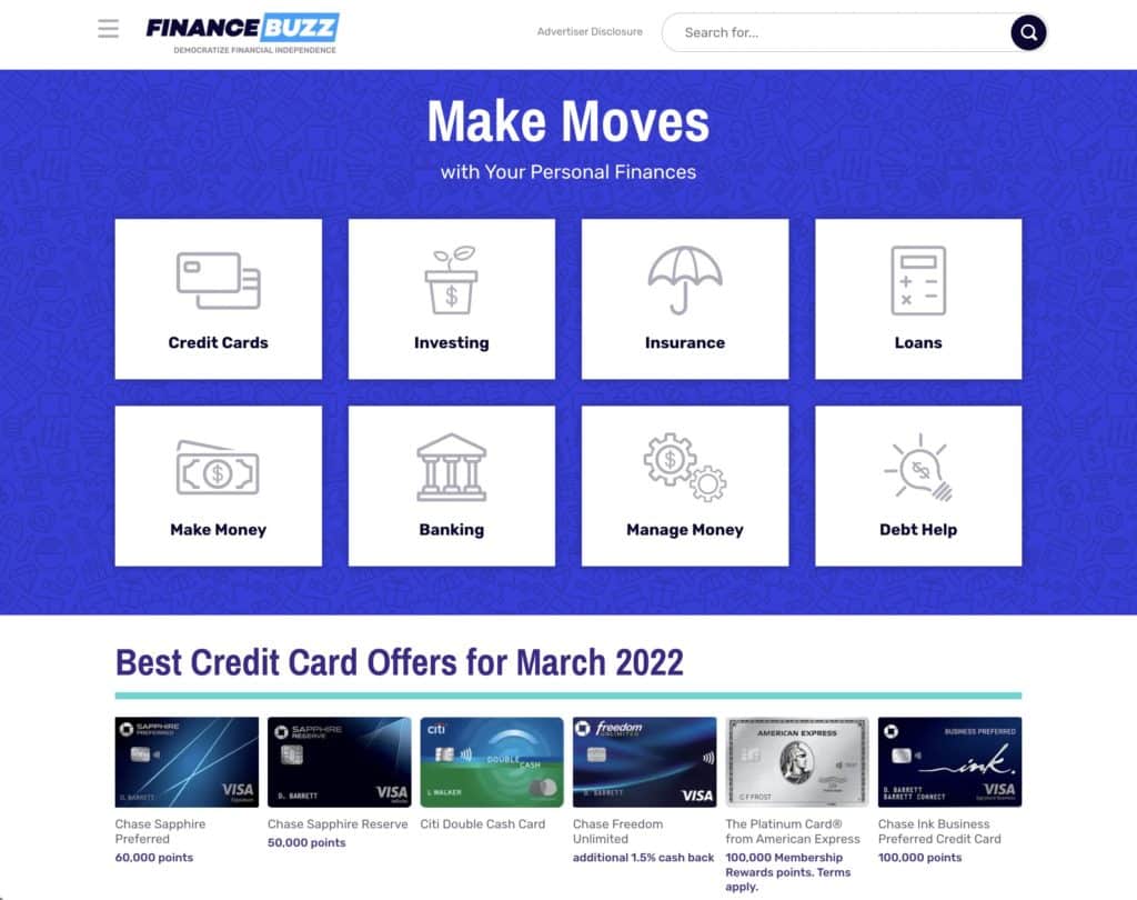 Image of FinanceBuzz, a comparison website that financial services brands use for affiliate marketing.