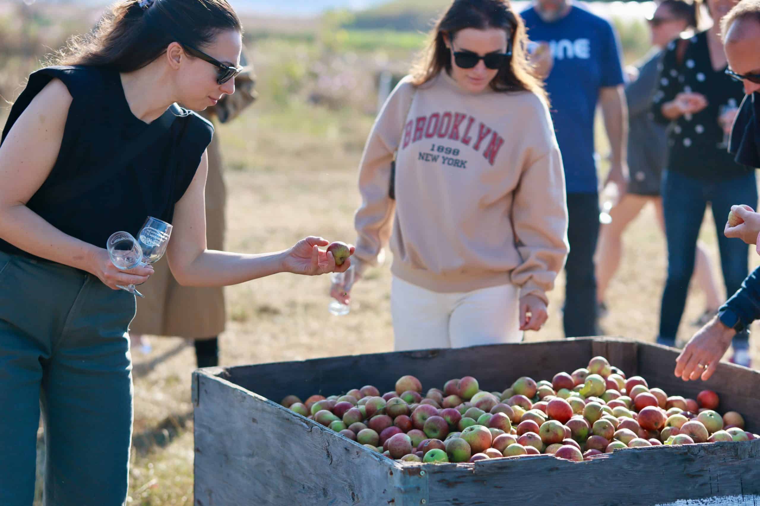 Nessa and Lyndsey of TUNE grab an apple to taste at the Finnriver cidery