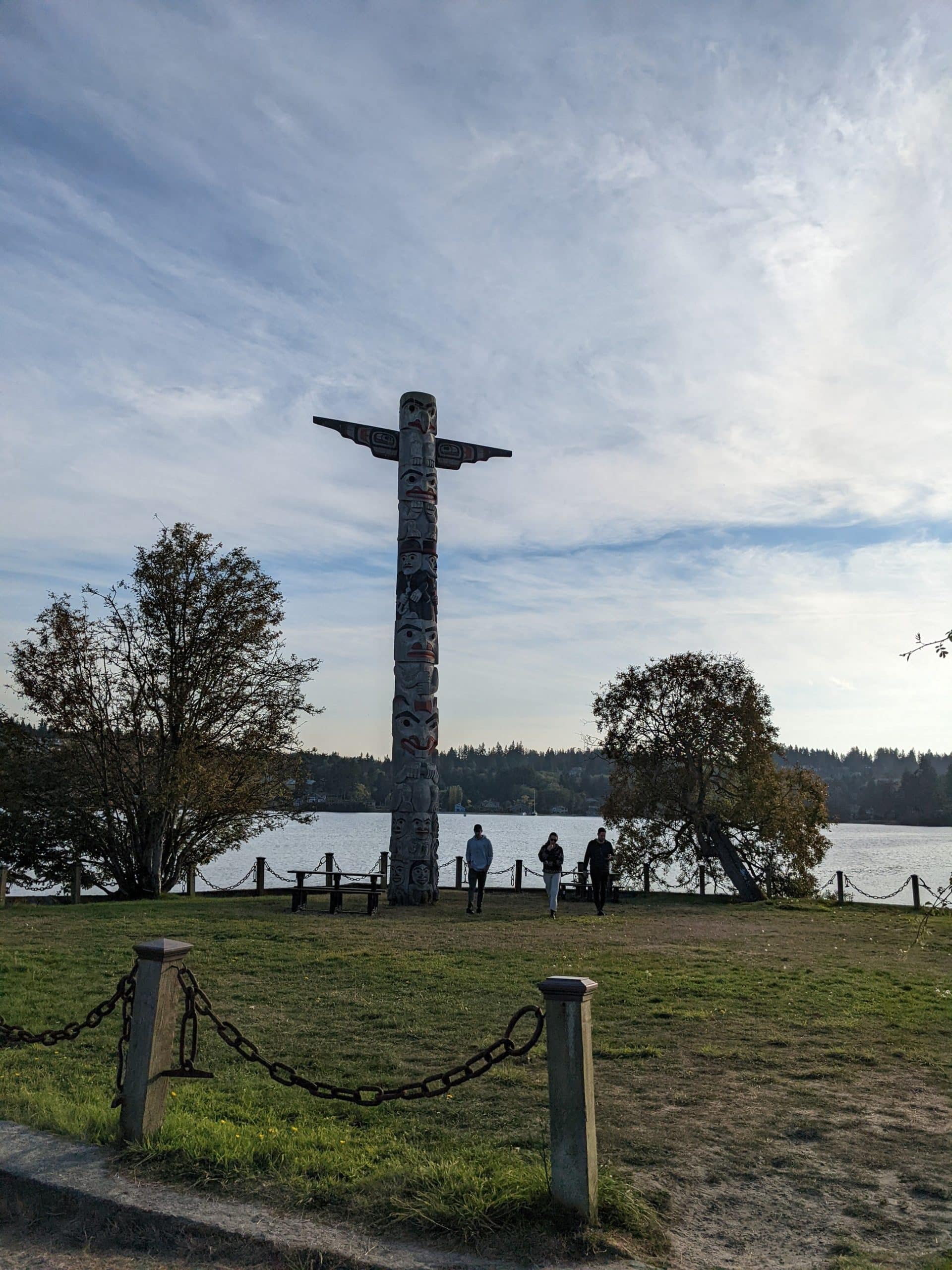 Three employees walk back from the totem pole on the peninsula in Port Ludlow during the 2022 TUNE retreat
