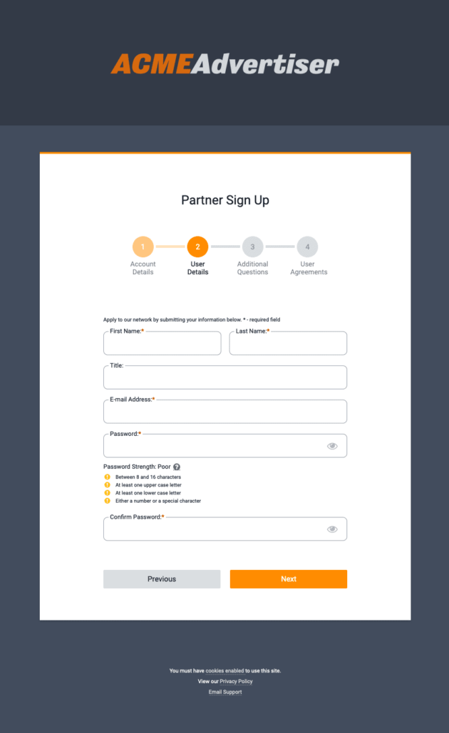 TUNE's new sign-up page design for affiliate programs, step 2