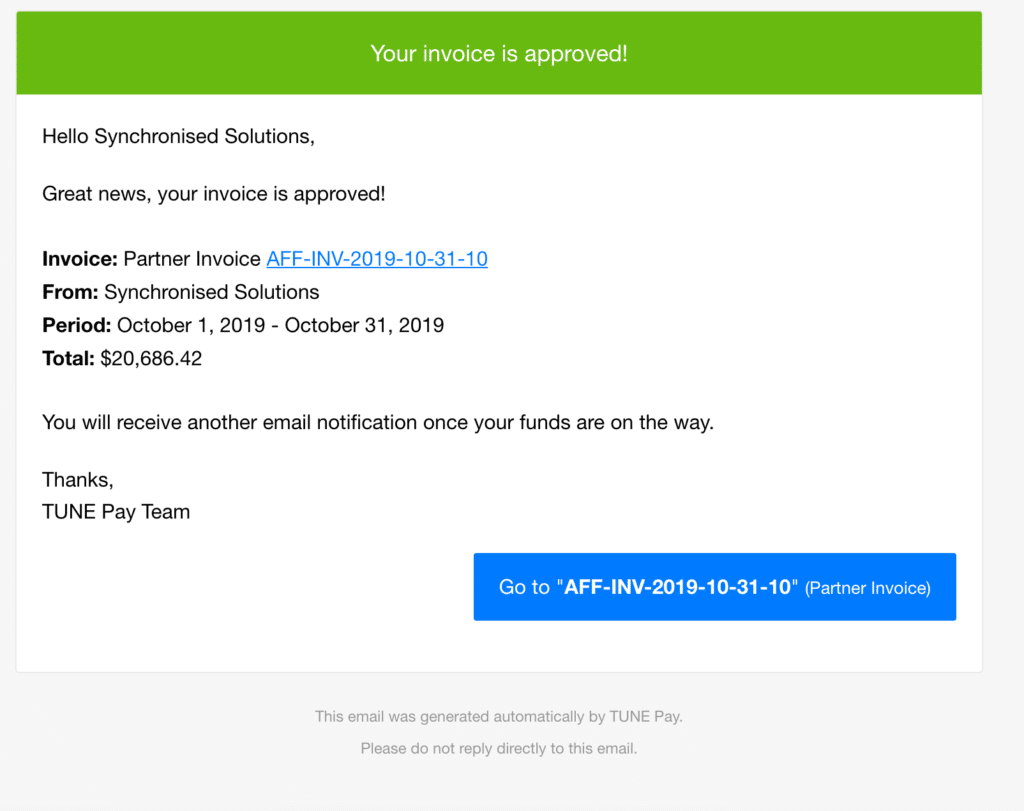 TUNE Pay email notification for invoices