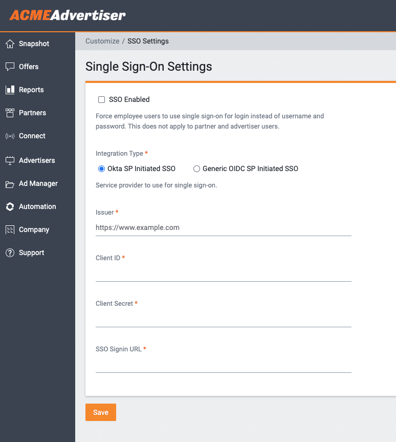 TUNE Single Sign-On Settings interface