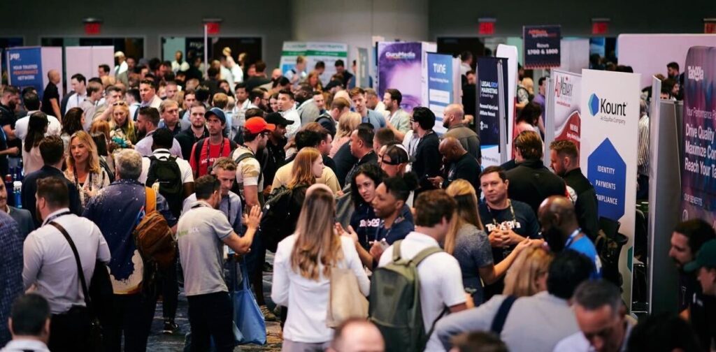 The TUNE booth in the middle of the show floor at Affiliate Summit East 2023. Photo credit: Affiliate Summit on Instagram