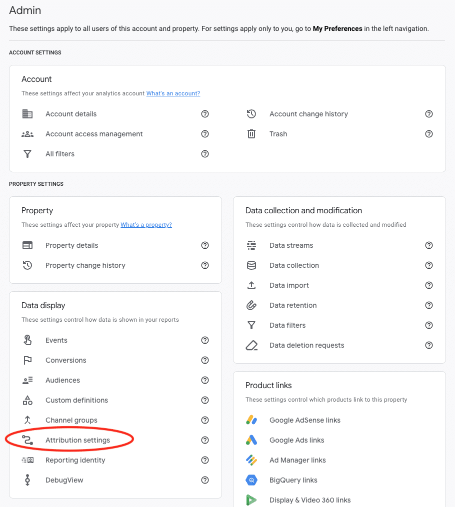 GA4 Settings in the Admin account view