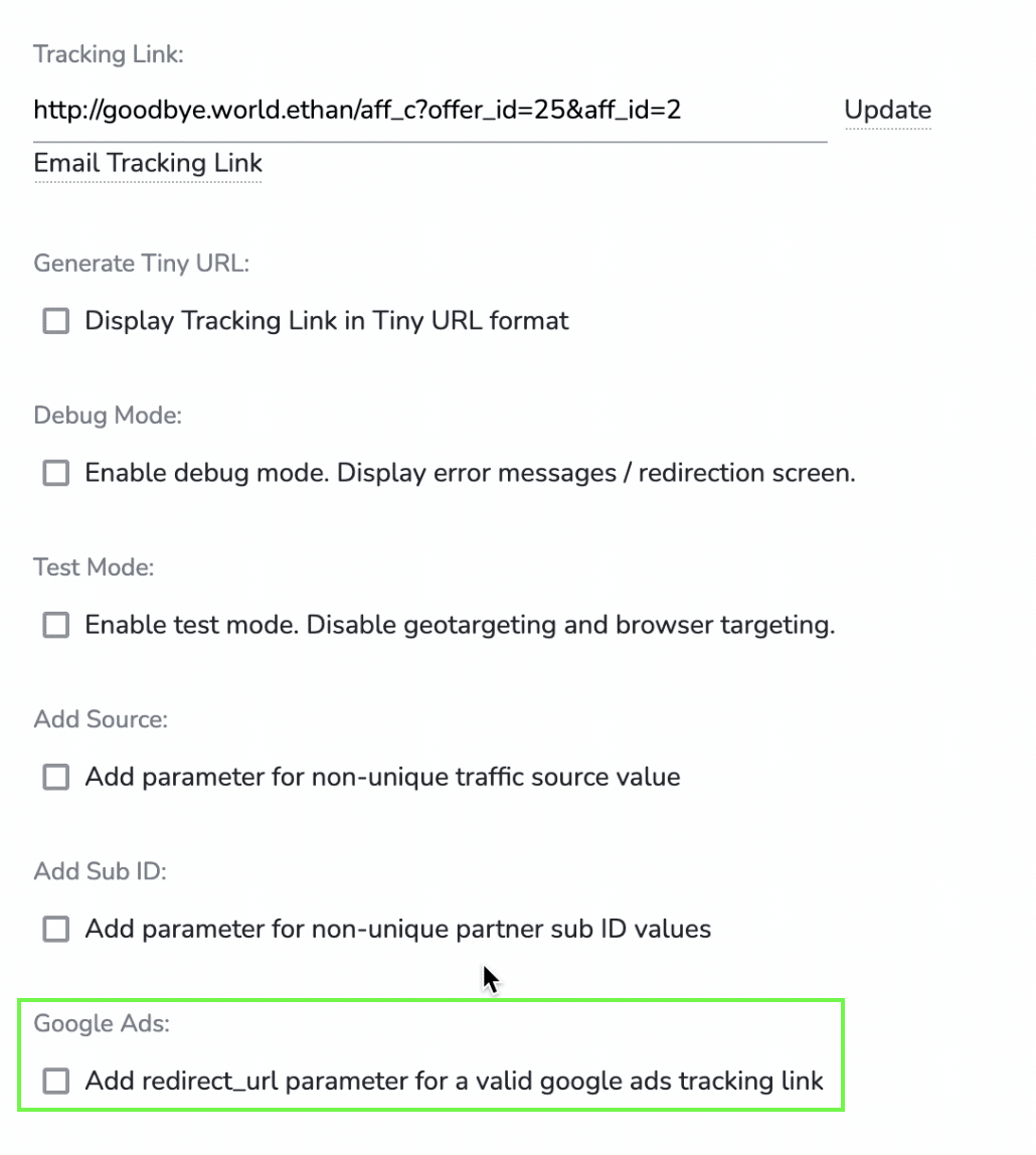 TUNE users can easily create a Google Ads compliant link by checking the "Google Ads" option in the Generate Tracking panel of the Offer page.