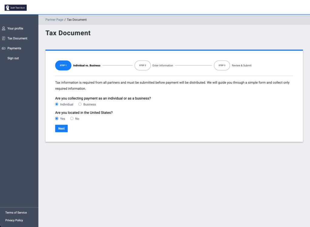 Step 1, Individual vs Business in TUNE Pay's new tax form flow, clarifies which tax form is appropriate for the partner.