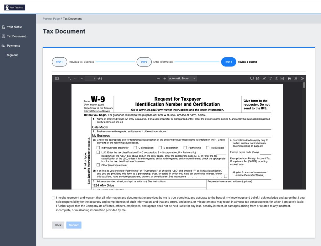 Step 3, Review & Submit in TUNE Pay's new tax form flow, allows partners to review and approve the generated tax form (W-9, 1099, or otherwise) before submitting.