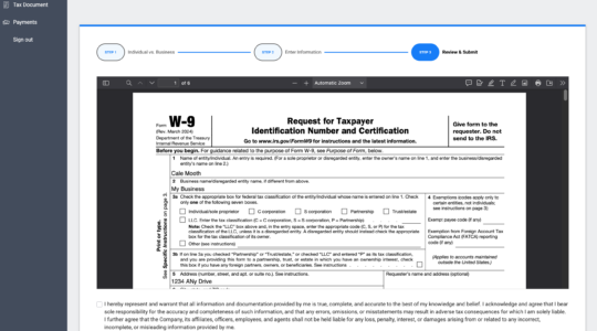 Step 3, Review & Submit in TUNE Pay's new tax form flow, allows partners to review and approve the generated tax form (for example, a W-9) before submitting.