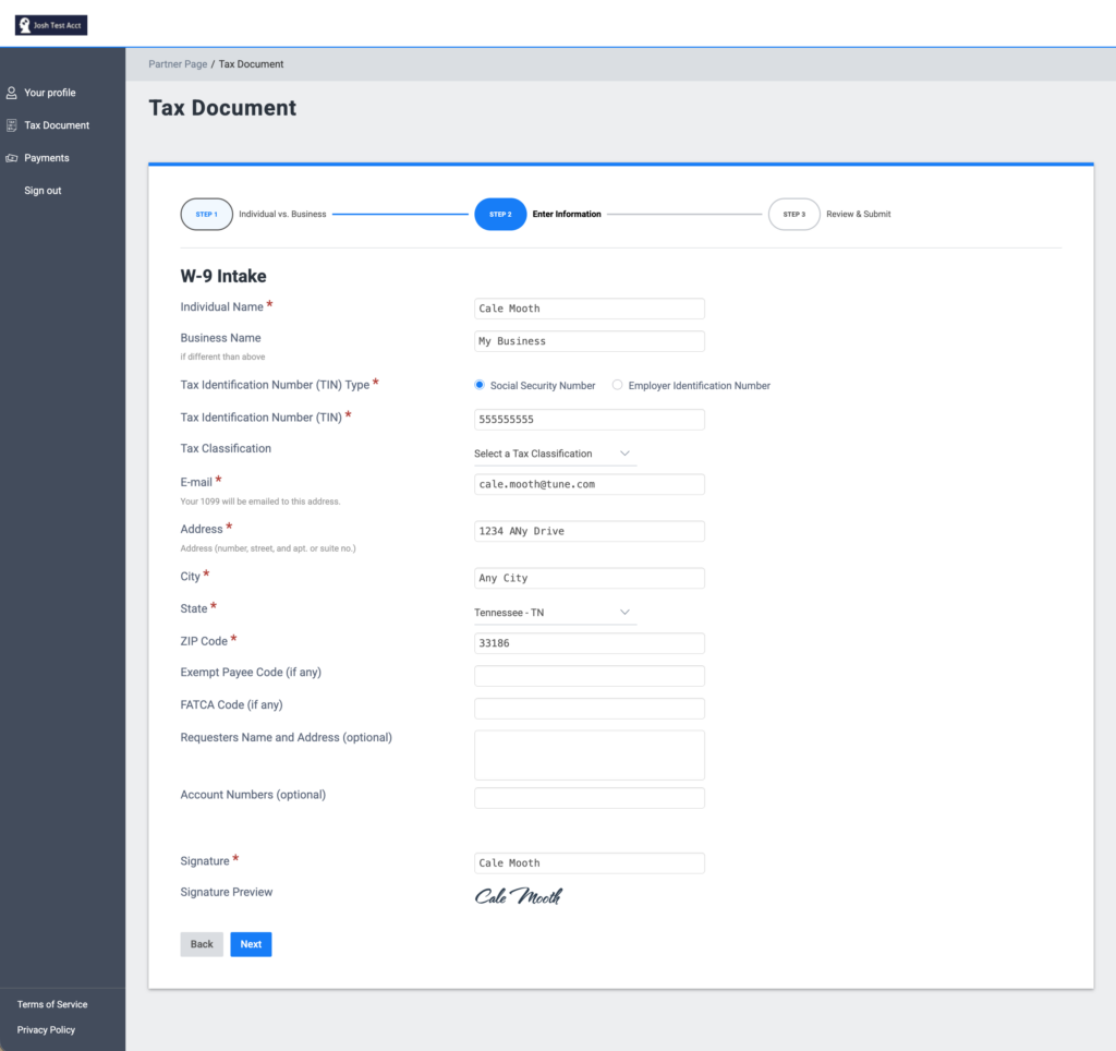 Step 2, Enter Information in TUNE Pay's new tax form flow, gathers all required information from the partner.